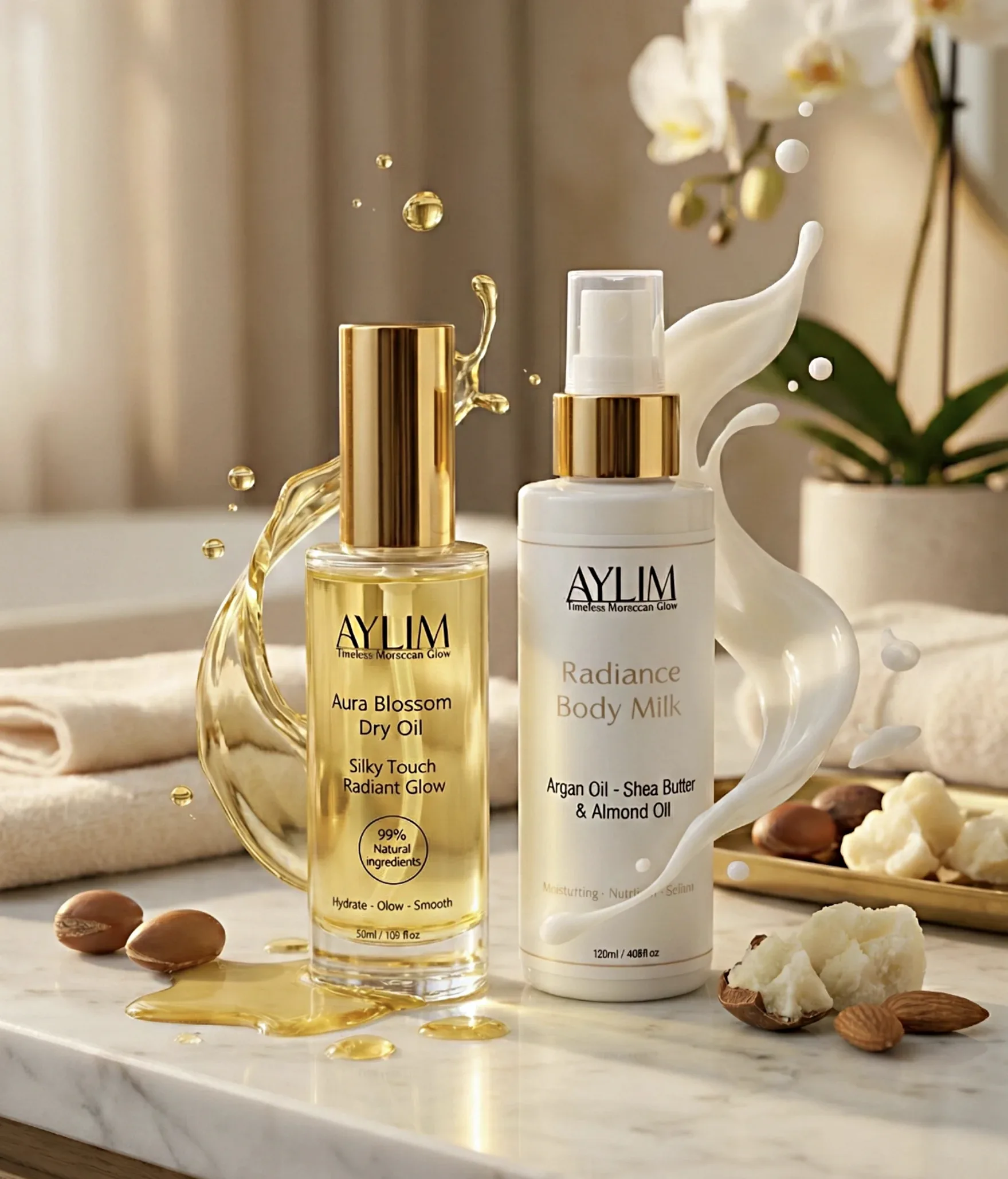 Visuel du Duo Nutrition & Lumière mettant en valeur le Lait Corporel Rayonnant et l’Huile Sèche Hydratante dans une scène lumineuse et élégante.